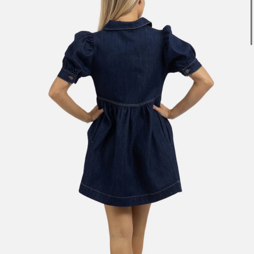 Classic Short-Sleeve Denim Mini Dress - Navy - Picture 3 of 7